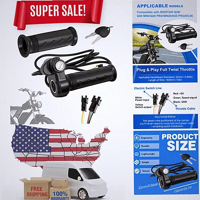 Enhanced E-Bike Full Twist Throttle - Plug & Play, Waterproof, Key Lock Included